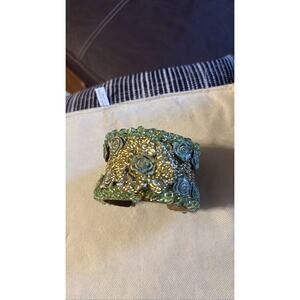 Vintage Green Blue Gold Tone Crystal Beaded Roses Cuff Bracelet Statement